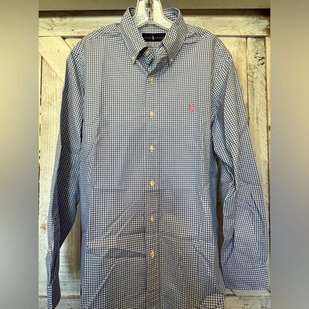 Polo Ralph Lauren Men's Blue & White Gingham Check Pink Logo Long Sleeve Shirt M